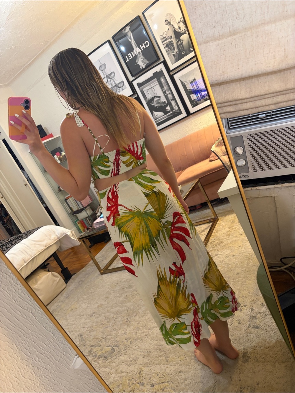 Tropical Print White Midi Dress with Red & Green Leaves - Picture 3 of 5